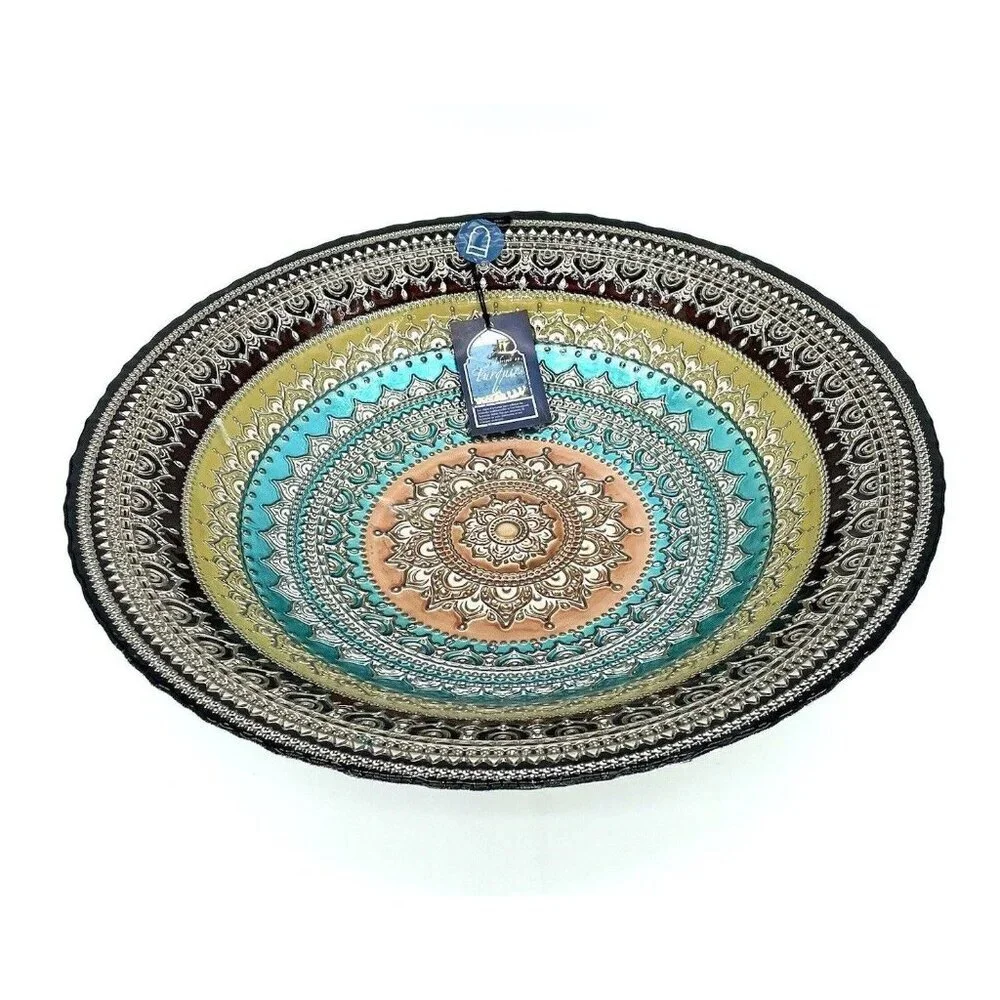 Turkish Glass Round Bowl Dinner Display Multi Color Oriental Lace 16” W XL